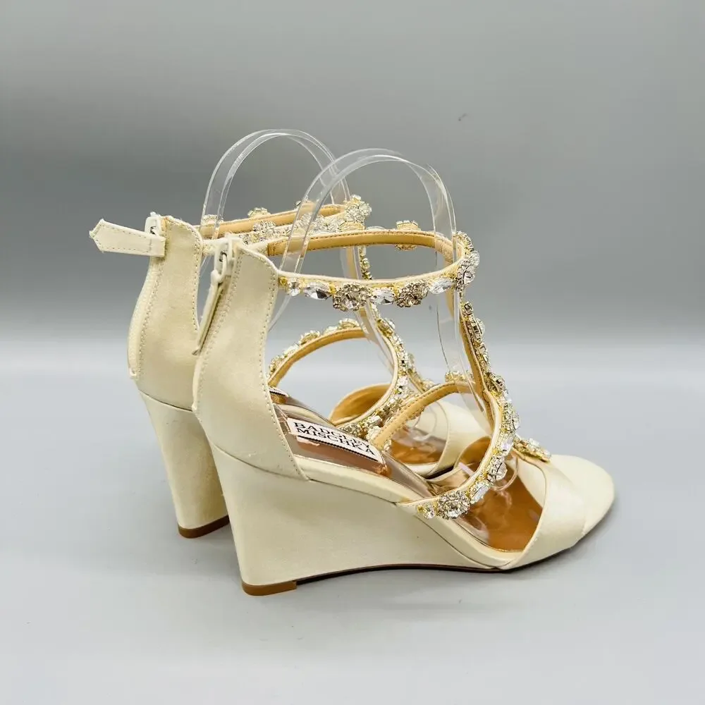 Badgley Mischka Sandals Womens 7 White Satin Bridal Rhinestone Ankle Wedge Shoes